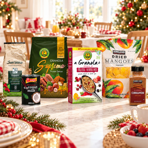 Contenido de la Ancheta Desayuno de Navidad: café Juan Valdez, granolas Cem Porcento, leche de coco Amoy, mango seco y canela Kirkland