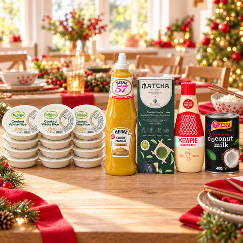 Contenido de la Ancheta Cocina Asiática: arroz Bibigo, salsa curry mango Heinz, matcha Guilis, mayonesa Kewpie y leche de coco Amoy