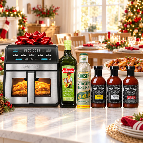 Contenido del Kit Freidora de Aire: Gourmia 7,6 L, aceite de aguacate La Española, AOVE Coosur en spray y salsas Jack Daniel's