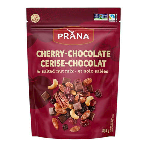 Mezcla de cereza natural, chocolate y nueces saladas Prana, vegana y hecha de rico chocolate negro de comercio justo - 800 g -