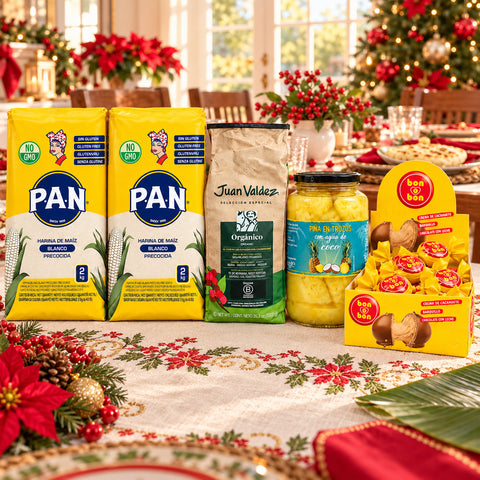 Contenido de la Ancheta Navidad Latina: dos Harina P.A.N. 2 kg, café Juan Valdez, piña en agua de coco y Bon o Bon