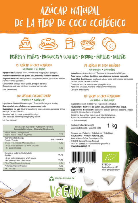 Azúcar de coco orgánica - Cem Porcento- 1 Kg