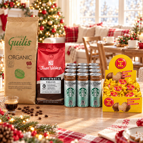 Contenido de la Ancheta Café Lovers: café Guilis, Juan Valdez Volcán, Starbucks Doubleshot y Bon o Bon