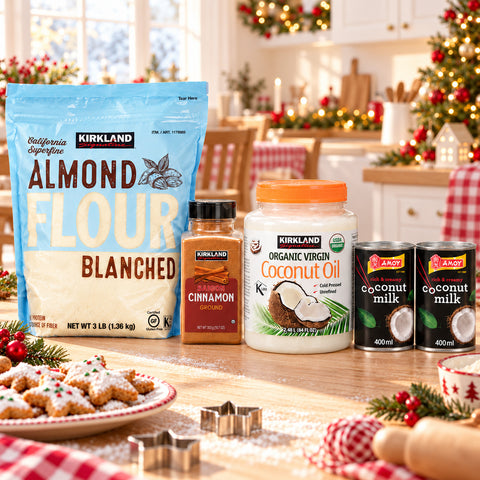 Contenido de la Ancheta Repostería Navideña: harina de almendra, canela y aceite de coco Kirkland, leche de coco Amoy