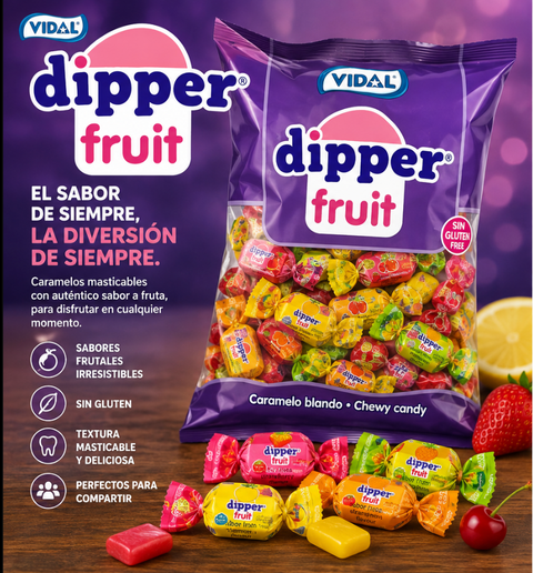 Golosinas Dipper Fruit. Caramelo blando masticable con zumo de frutas. Sabores frutales: piña, limón, naranja, fresa y cereza. Bolsa de 1kg.