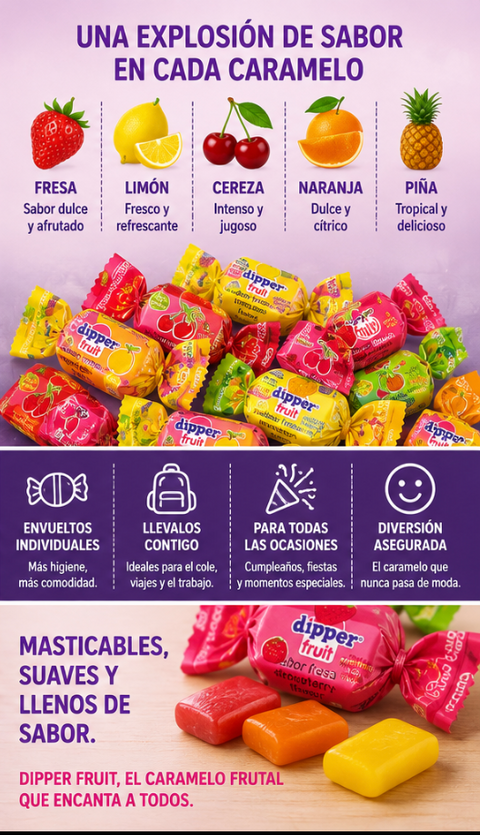 Golosinas Dipper Fruit. Caramelo blando masticable con zumo de frutas. Sabores frutales: piña, limón, naranja, fresa y cereza. Bolsa de 1kg.