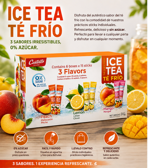 Castello Ice Tea – Pack 90 Sticks (Melocotón, Limón y Mango)