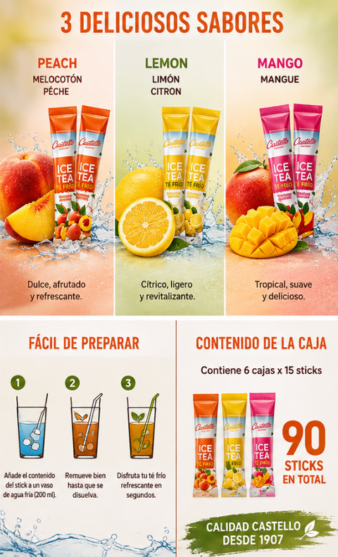 Castello Ice Tea – Pack 90 Sticks (Melocotón, Limón y Mango)