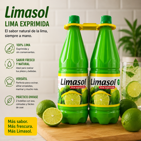 Limasol Lima Exprimida, Jugo de Lima Natural Concentrado, Pack de 2 Botellas x 1L