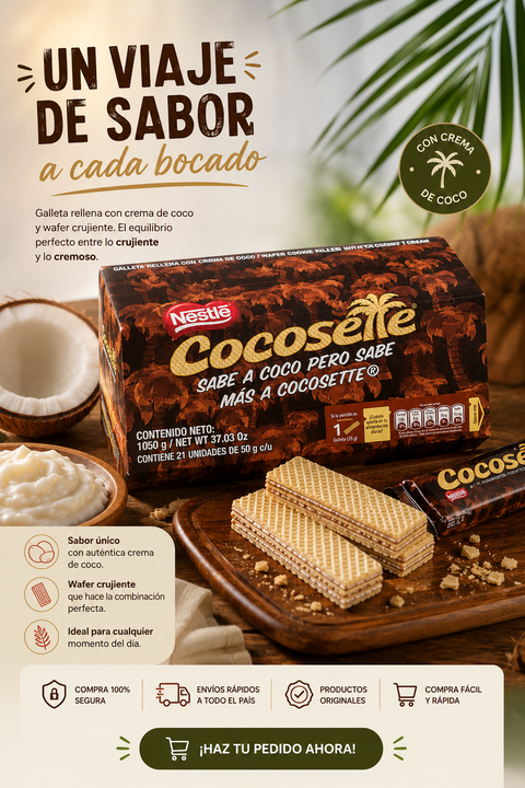 CONSUMO PREFERENTE 09/08/2026: Cocosette Galleta con crema sabor a coco - 1050g (21 unidades ) - Nestlé