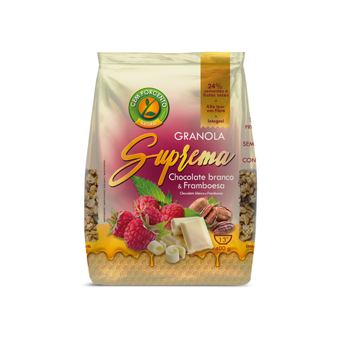 Granola Suprema Chocolate Blanco y Frambuesa - 400 g - Cem Porcento
