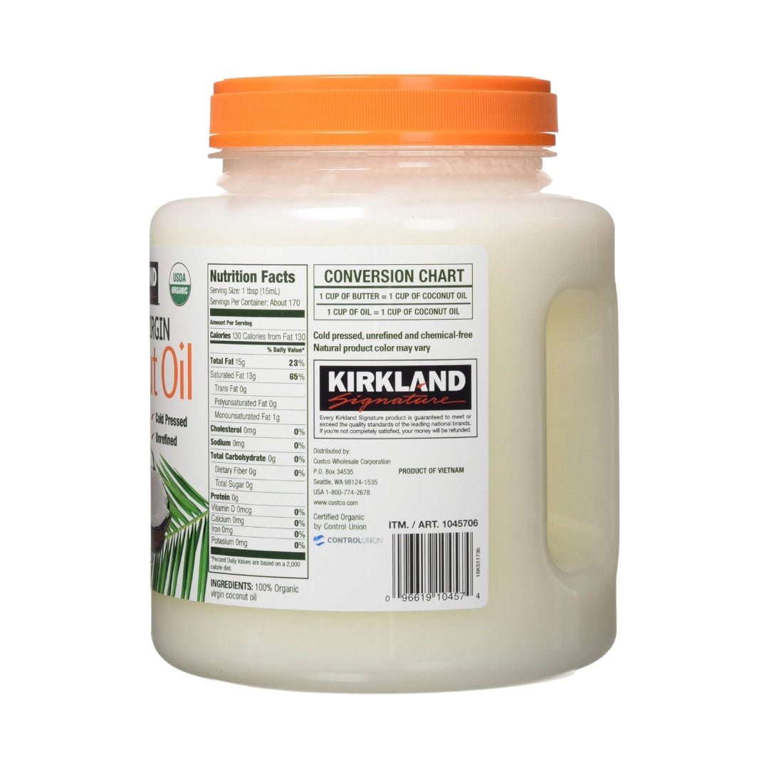 Aceite de coco orgánico virgen prensado en frio y sin refinar, puro y condensado sin aditivos - Kirkland - 2.48 Kg - AZALA GOURMET