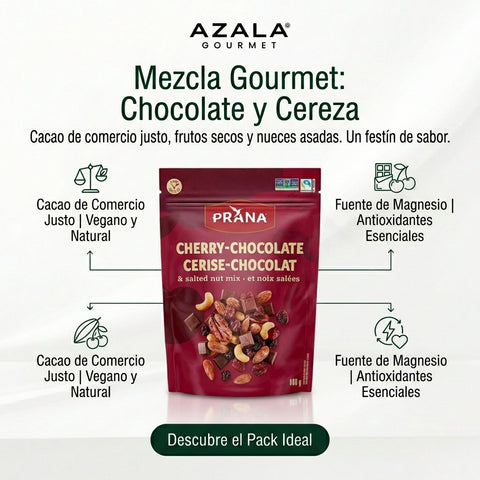 Mezcla de cereza natural, chocolate y nueces saladas Prana, vegana y hecha de rico chocolate negro de comercio justo - 800 g -
