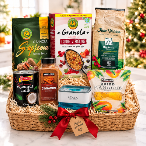 Ancheta Desayuno de Navidad en cesta con café Juan Valdez, granolas Cem Porcento, leche de coco Amoy, mango seco, canela Kirkland y jabonera Azala