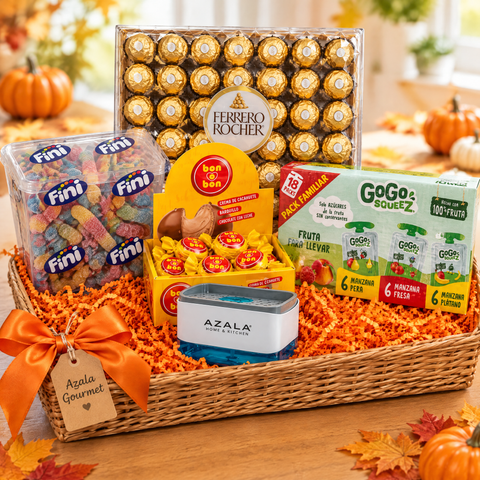 Ancheta Halloween Truco o Trato en cesta con Ferrero Rocher 48, Fini Fizzy Worms, Bon o Bon, GoGo Squeez y jabonera Azala