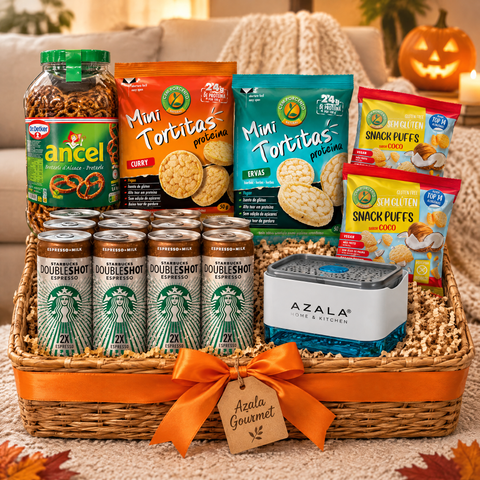 Ancheta Noche de Pelis en cesta con Starbucks Doubleshot, pretzels Ancel, snacks Cem Porcento y jabonera Azala