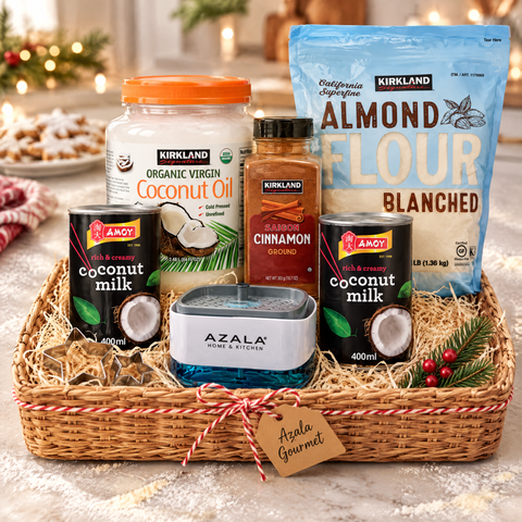 Ancheta Repostería Navideña en cesta con harina de almendra, canela y aceite de coco Kirkland, leche de coco Amoy y jabonera Azala