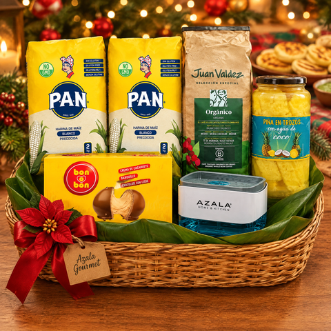 Ancheta Navidad Latina en cesta con dos Harina P.A.N. 2 kg, café Juan Valdez orgánico, piña en agua de coco, Bon o Bon y jabonera Azala