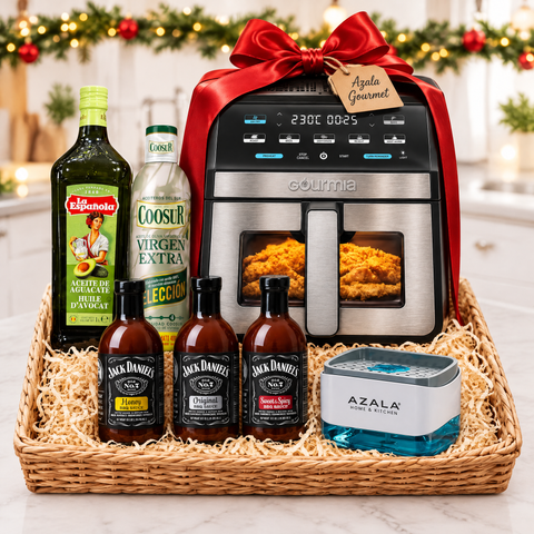 Kit Freidora de Aire con Gourmia 7,6 L, aceite de aguacate La Española, AOVE Coosur en spray, salsas barbacoa Jack Daniel's y jabonera Azala