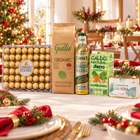 Contenido de la Ancheta Gourmet Española: Ferrero Rocher, café Guilis, AOVE Coosur en spray, caldo de verduras Aneto y yemas de espárrago La Huerta de La Vera