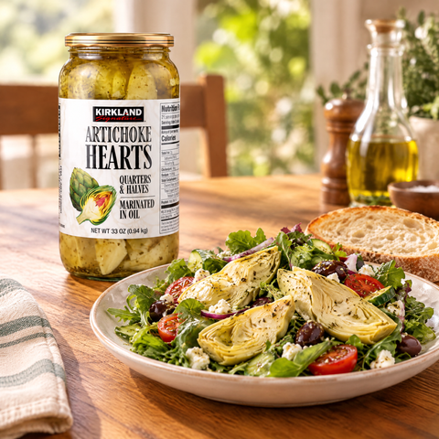 Corazones de alcachofa marinada Kirkland en ensalada