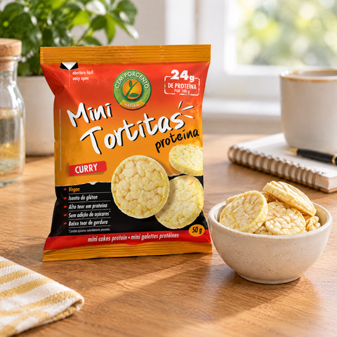 Mini tortitas de proteína curry Cem Porcento como snack