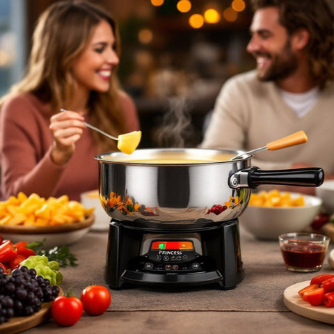 Set Fondue familiar, Volumen 1.2 L, 800 W, Con cuencos para salsa, Acero Inoxidable - Princess