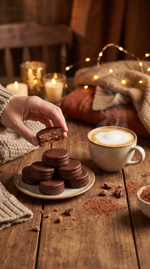 Mano cogiendo un mini alfajor Havanna junto a un cafe