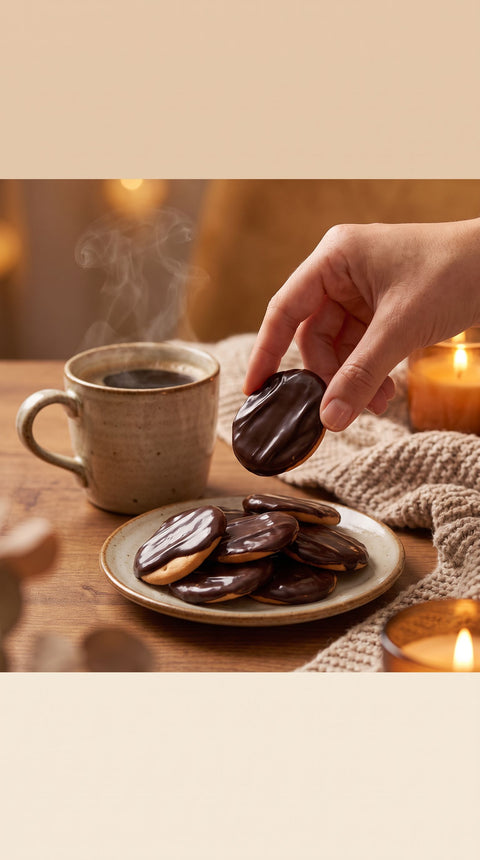 Mano cogiendo una mini marinheira de chocolate junto a cafe