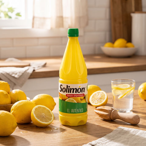 Solimon limon exprimido botella 1L con limones frescos en la cocina