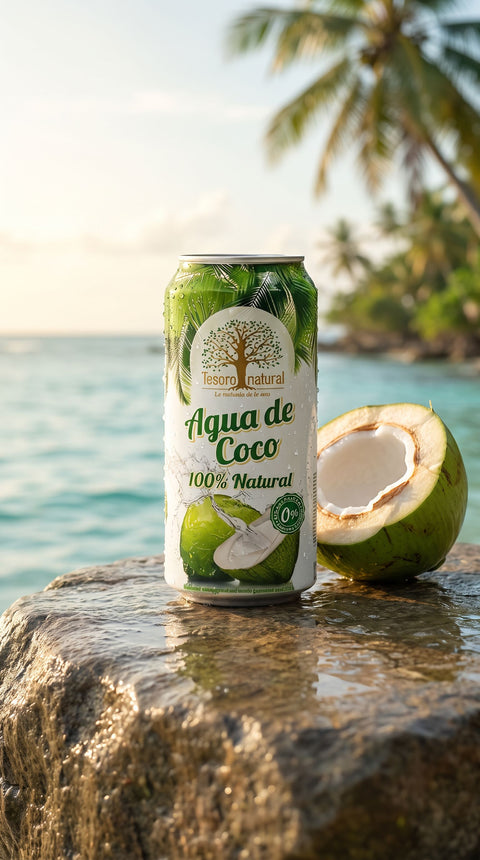Agua de coco Tesoro Natural lata 500ml en playa tropical con coco fresco