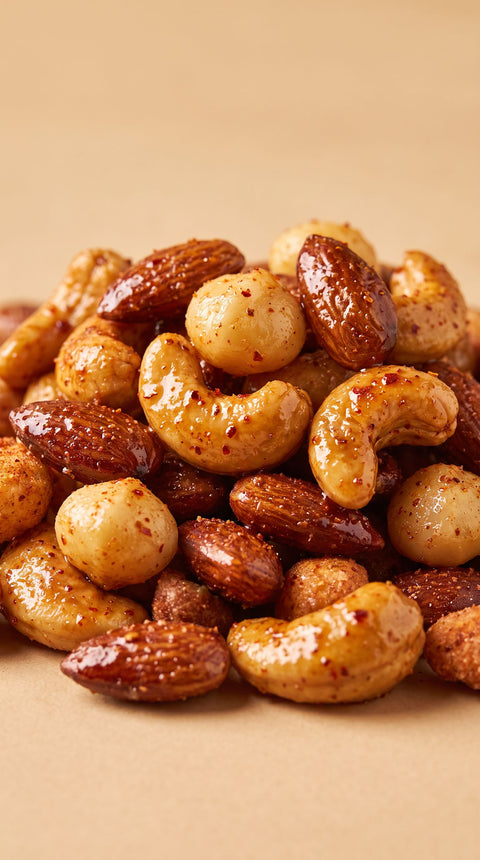 Macro de nueces glaseadas dulce y picante - anacardos almendras macadamia