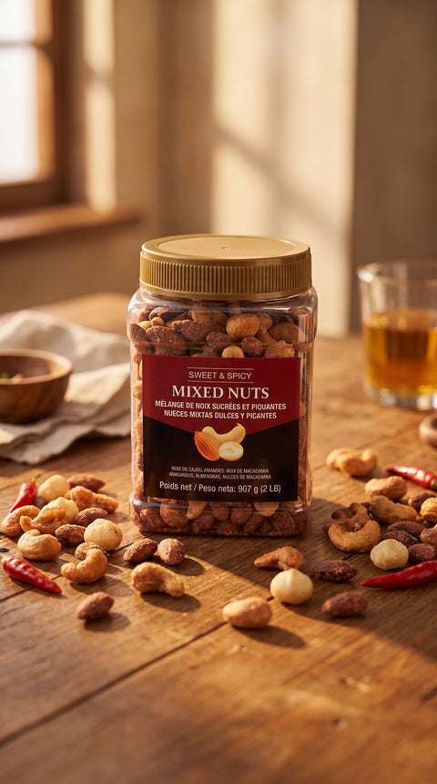 Bote de nueces mixtas dulce y picante con frutos secos y chili