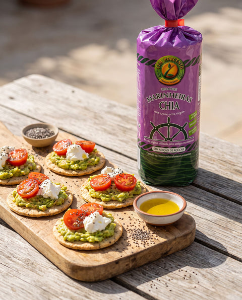 Marinheiras con chia Cem Porcento en canapes con aguacate y tomate - aperitivo saludable