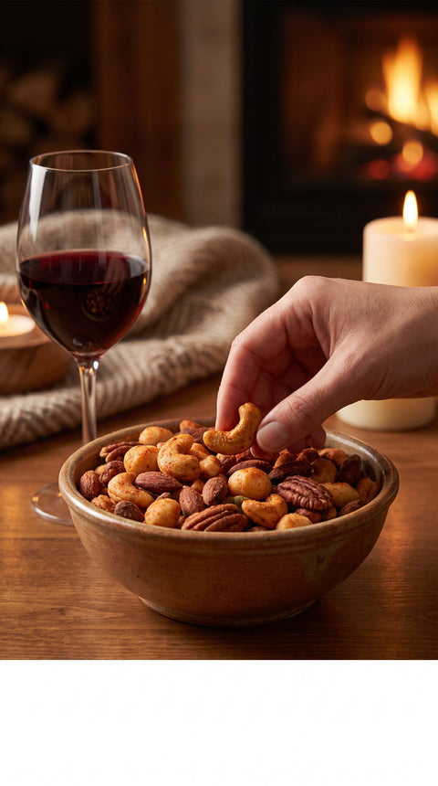 Mano cogiendo nueces mixtas de un bol con copa de vino