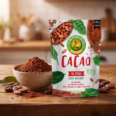 Cacao en polvo Cem Porcento 1kg con bol de cacao y granos