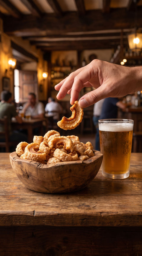 Mano cogiendo un torreznillo con cana en taberna espanola
