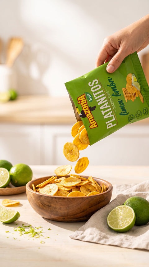Vertiendo platanitos Amazonia en un bol snack latino