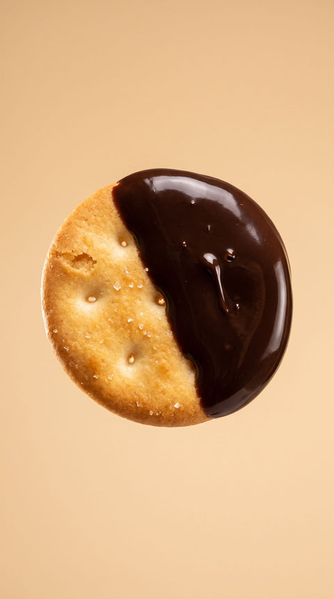 Macro galleta marinheira medio banada en chocolate negro
