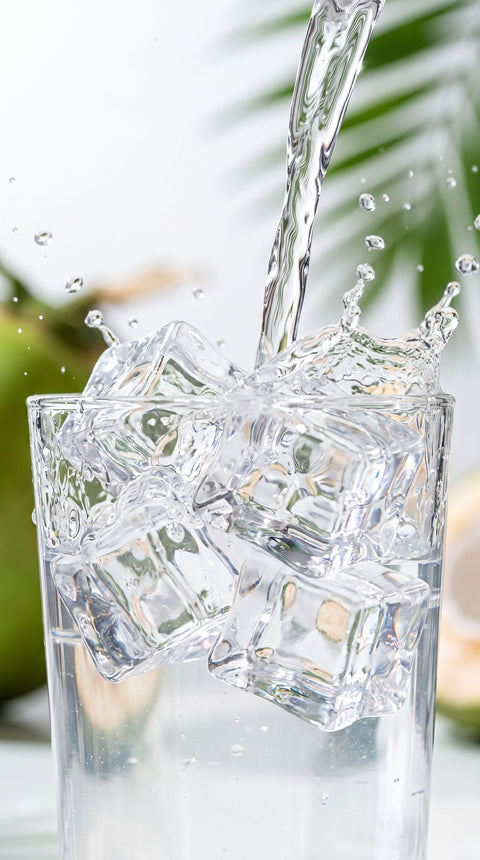 Agua de coco 100% natural sin azucares anadidos servida sobre hielo