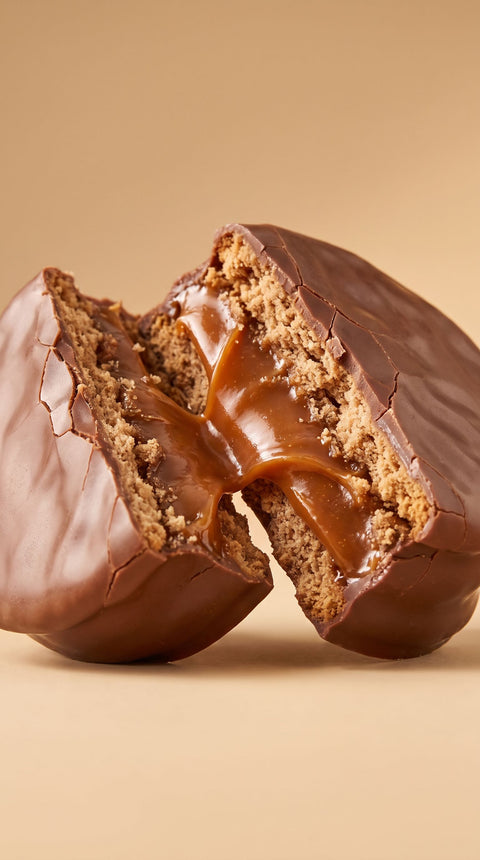 Mini alfajor de chocolate con relleno de dulce de leche - macro