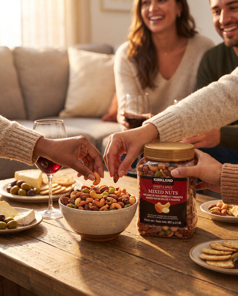Bol de nueces mixtas dulce y picante para aperitivo con copa de vino