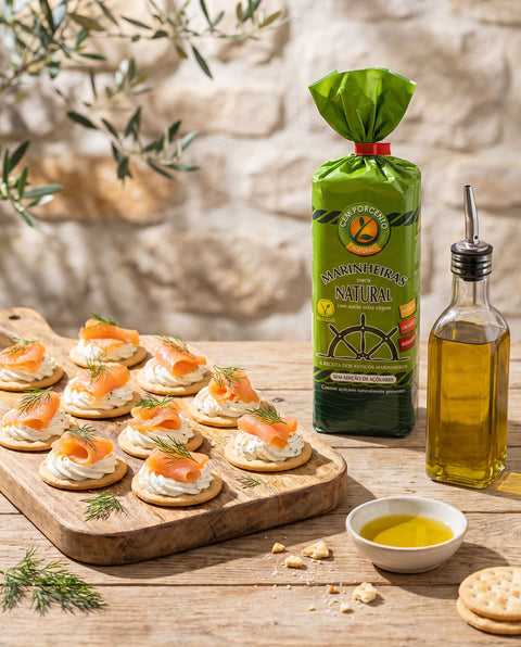 Marinheiras Natural Cem Porcento en canapes con salmon ahumado y queso crema - aperitivo
