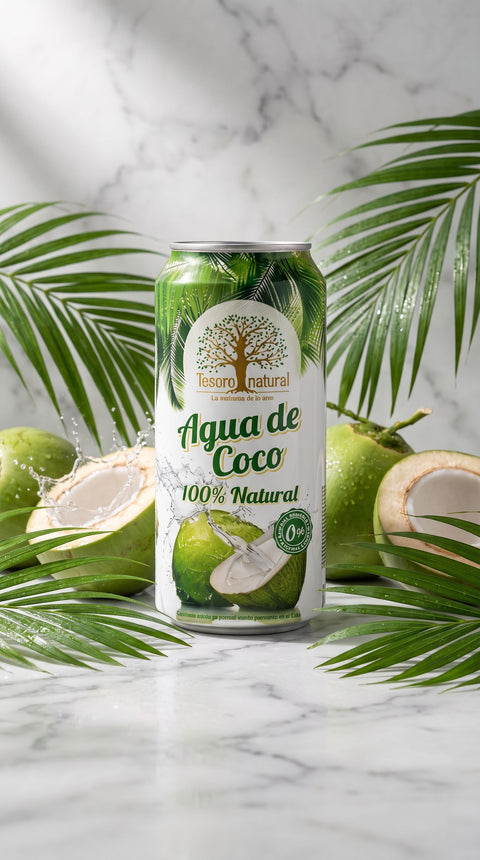 Pack agua de coco Tesoro Natural packshot premium con cocos