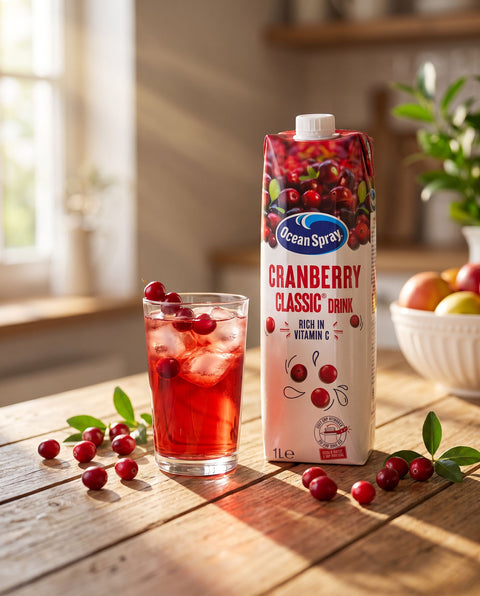 Vaso de zumo de arandano Ocean Spray con hielo