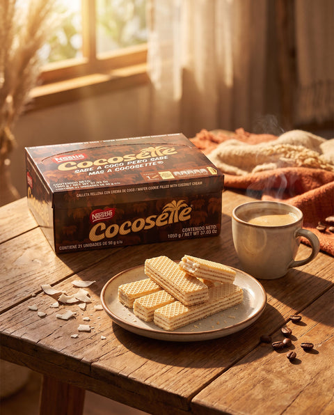 Cocosette Nestle galletas wafer con crema de coco en plato con cafe - merienda