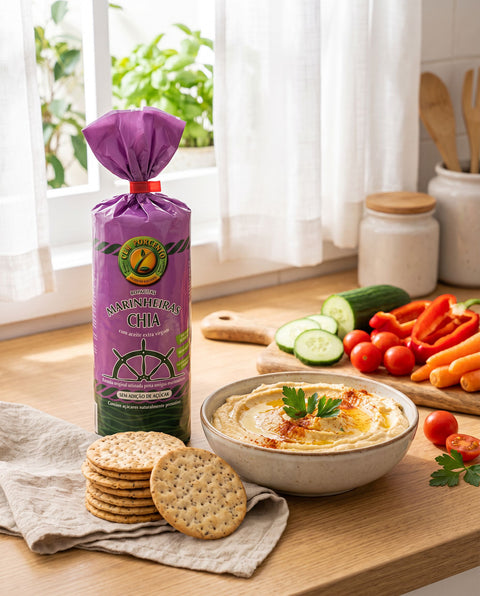 Galletas marinheiras con chia Cem Porcento con hummus y verduras