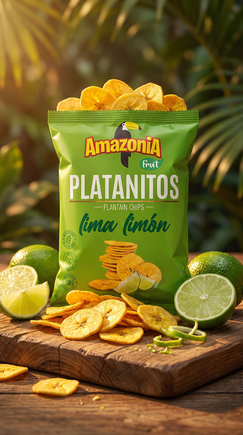 Platanitos Lima Limon Amazonia con chips y lima sobre tabla de madera